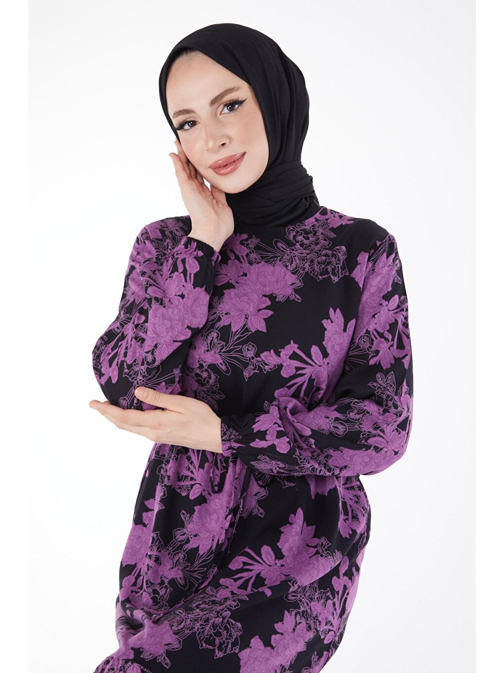 Bisiklet Yaka Kadın Mor Bağcıklı Desenli Elbise - 24896-2