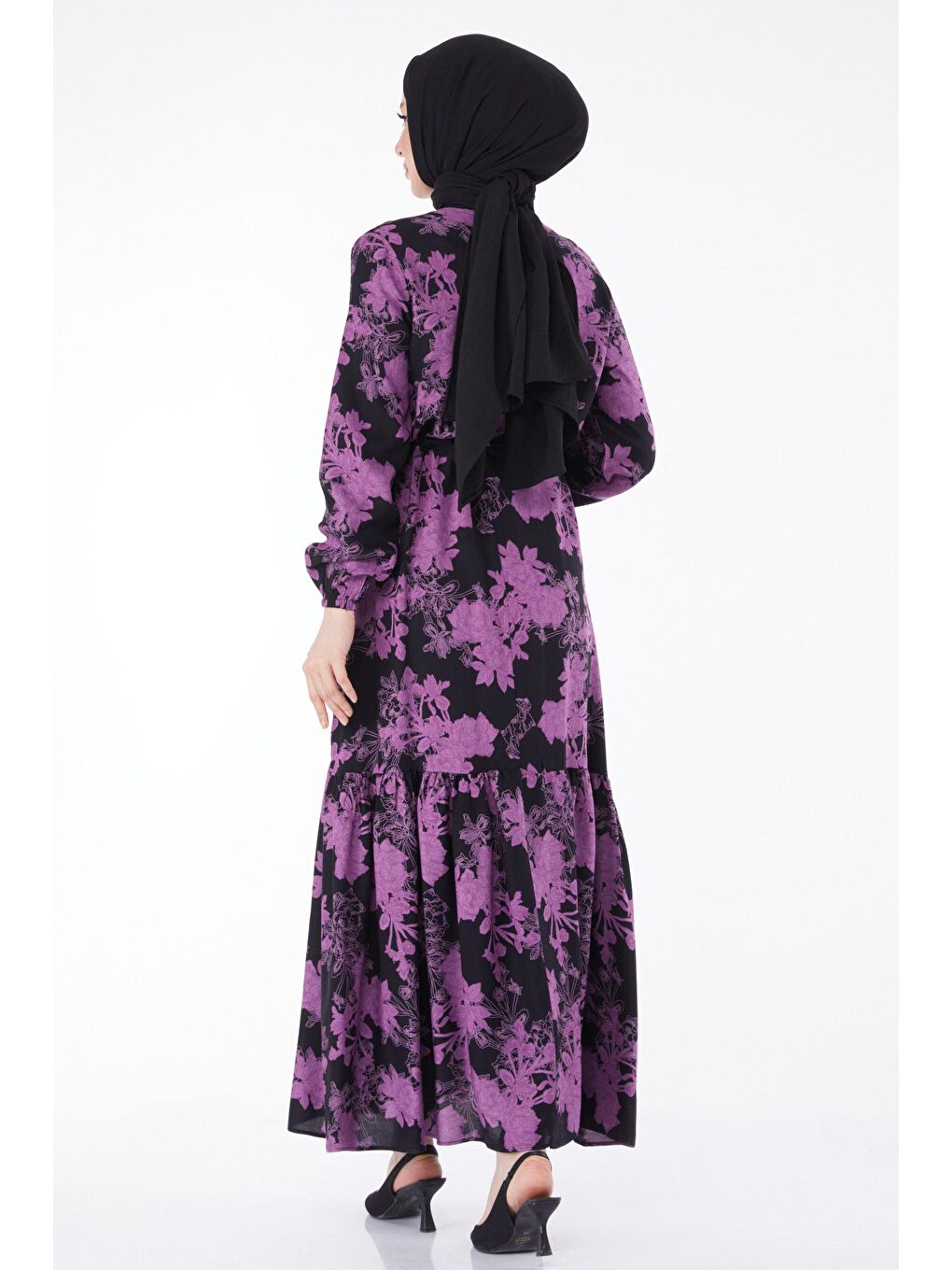 Bisiklet Yaka Kadın Mor Bağcıklı Desenli Elbise - 24896-4