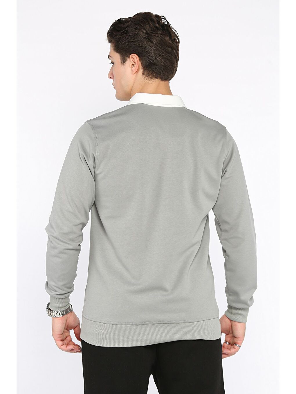Gri Erkek Polo Yaka Yarım Fermuarlı Sweatshirt-3