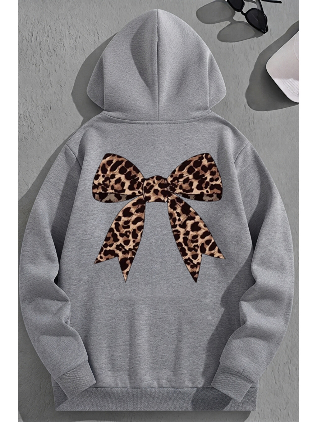 Unisex 3 İplik Pamuklu Gri Leoparkurdele Baskı Bol Kalıp Sweatshirt Hoodie