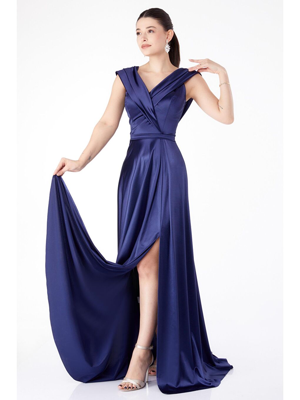 Orta Kadın Lacivert Düşük Omuz Abiye Elbise - 25521