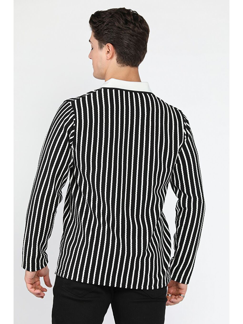 Siyah Gömlek Yaka Çizgili Erkek Sweatshirt-2