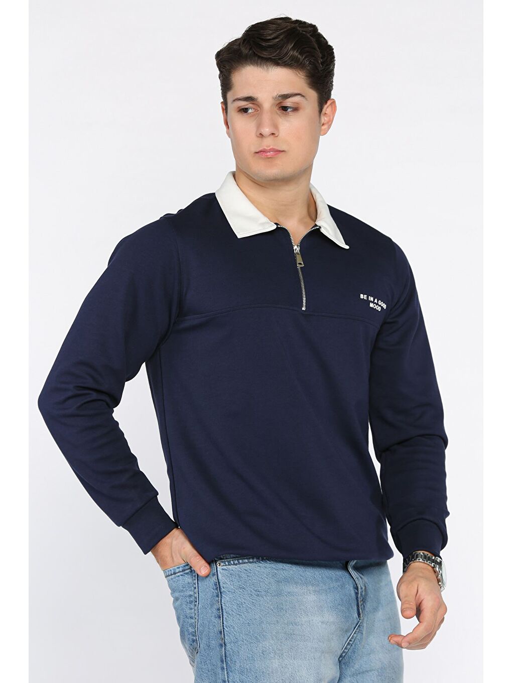 Lacivert Erkek Polo Yaka Yarım Fermuarlı Sweatshirt