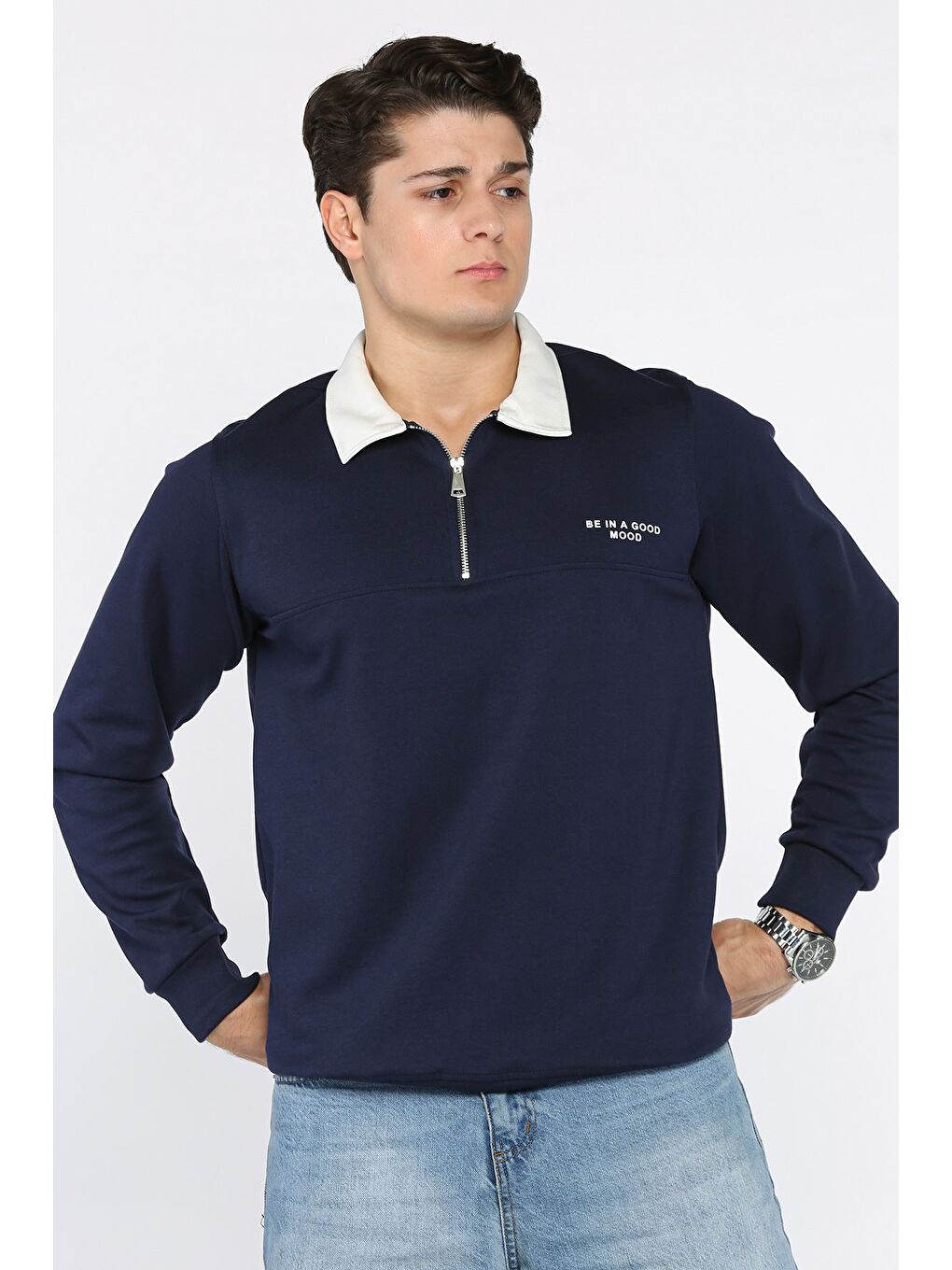 Lacivert Erkek Polo Yaka Yarım Fermuarlı Sweatshirt-1