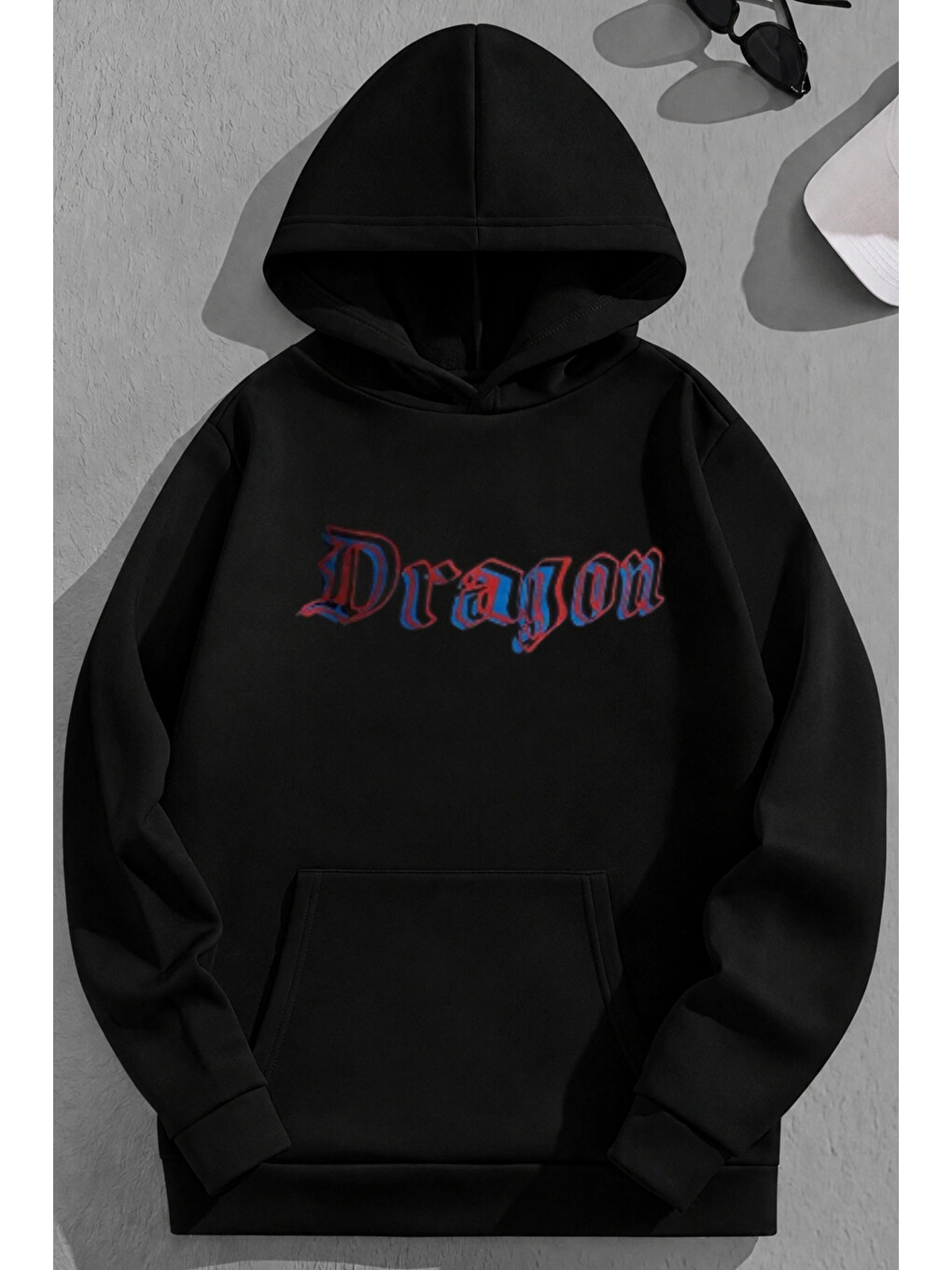 Unisex 3 İplik Pamuklu Siyah Mavidragon Baskı Bol Kalıp Sweatshirt Hoodie-1