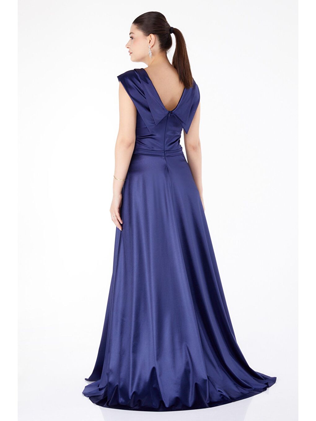 Orta Kadın Lacivert Düşük Omuz Abiye Elbise - 25521-4