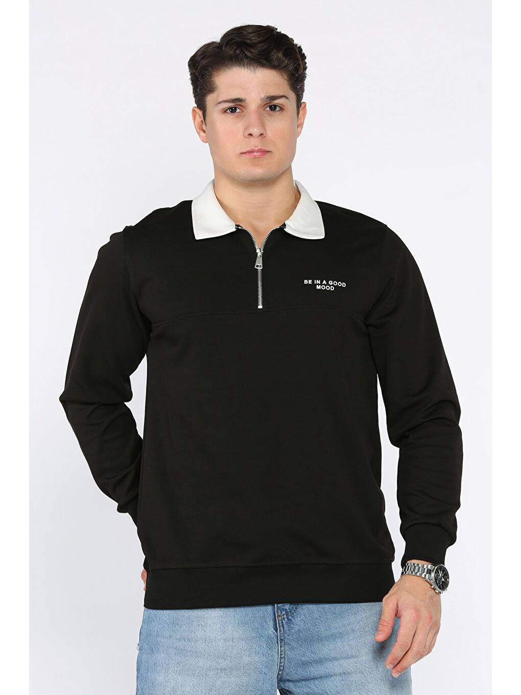 Siyah Erkek Polo Yaka Yarım Fermuarlı Sweatshirt-1