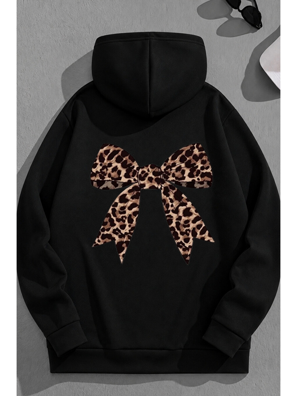 Unisex 3 İplik Pamuklu Siyah Leoparkurdele Baskı Bol Kalıp Sweatshirt Hoodie