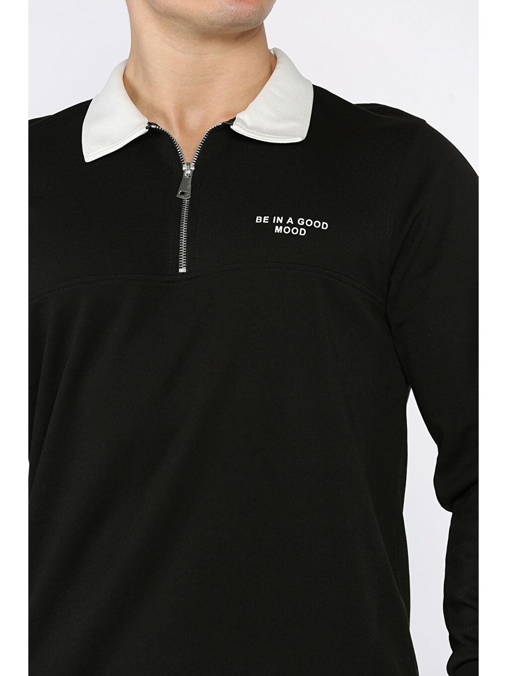 Siyah Erkek Polo Yaka Yarım Fermuarlı Sweatshirt-3