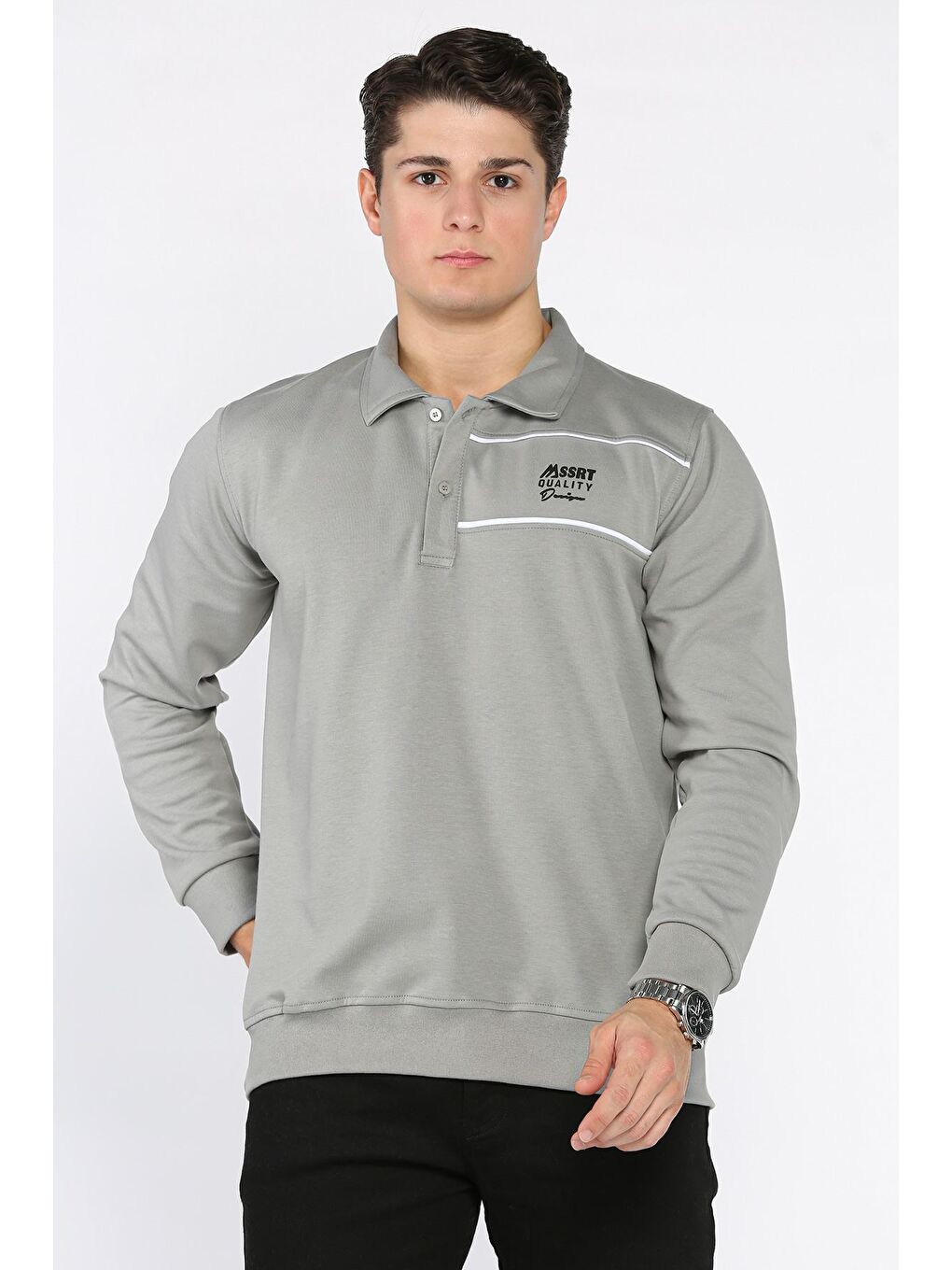 Gri Polo Yaka Yarım Düğmeli Baskılı Erkek Sweatshirt