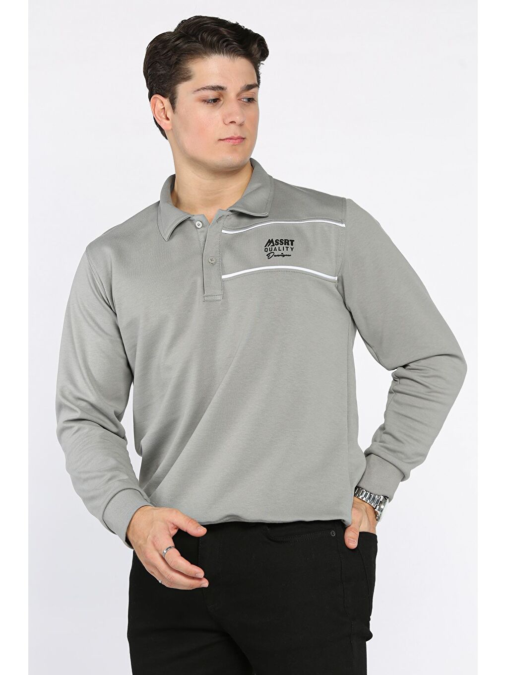 Gri Polo Yaka Yarım Düğmeli Baskılı Erkek Sweatshirt-1