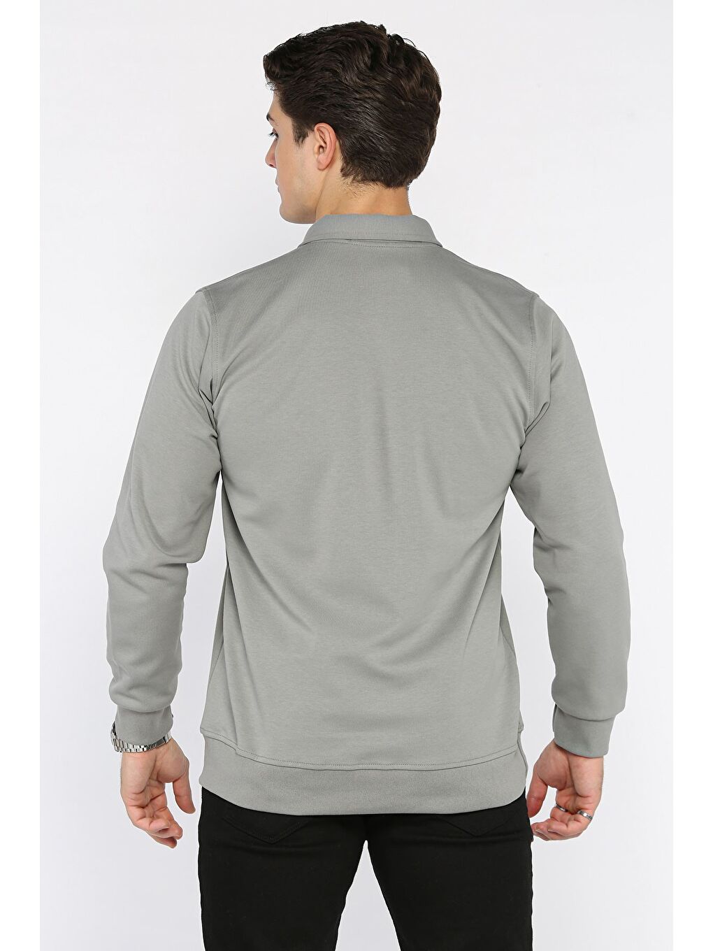 Gri Polo Yaka Yarım Düğmeli Baskılı Erkek Sweatshirt-2