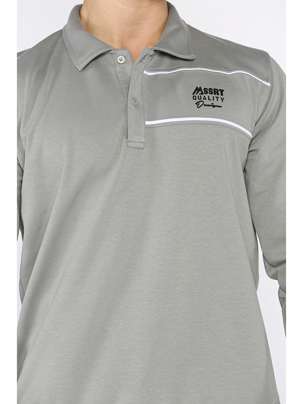 Gri Polo Yaka Yarım Düğmeli Baskılı Erkek Sweatshirt-3
