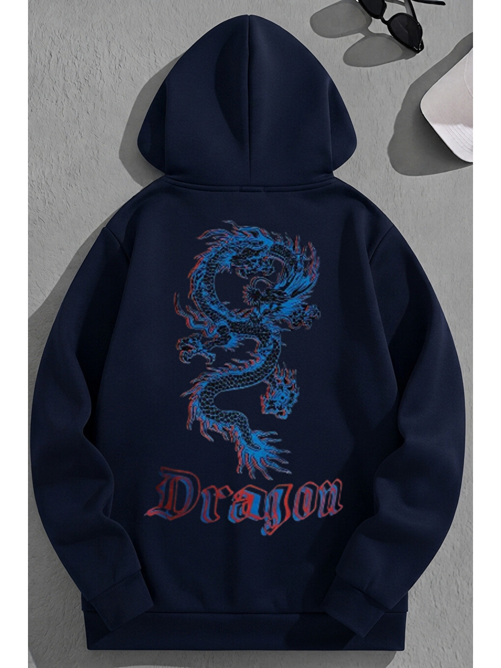 Unisex 3 İplik Pamuklu Lacivert Mavidragon Baskı Bol Kalıp Sweatshirt Hoodie
