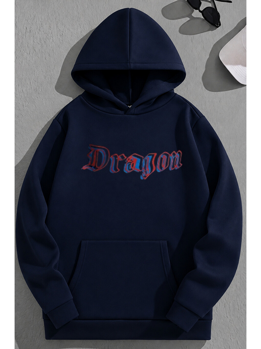 Unisex 3 İplik Pamuklu Lacivert Mavidragon Baskı Bol Kalıp Sweatshirt Hoodie-1