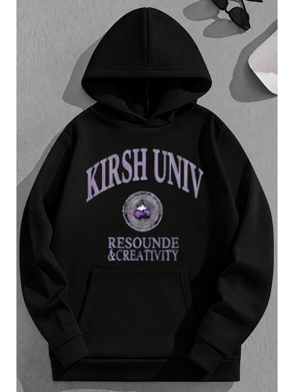 Unisex 3 İplik Pamuklu Siyah Kırshunıv Baskı Bol Kalıp Sweatshirt Hoodie