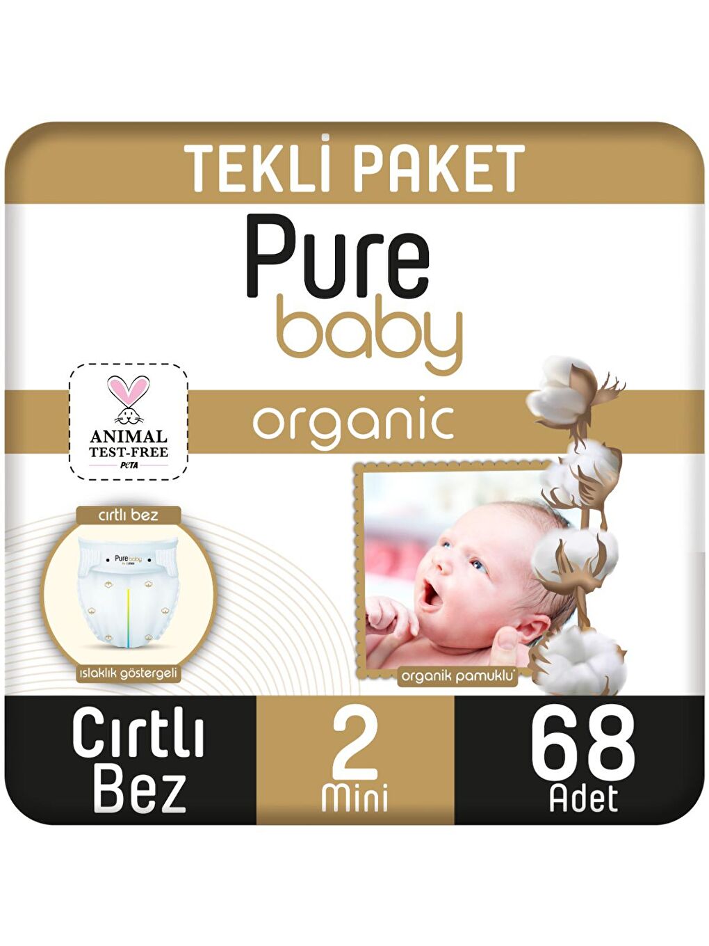 Pure Baby Organik Pamuklu Cırtlı Bez Tekli Paket 2 Numara Mini 68 Adet