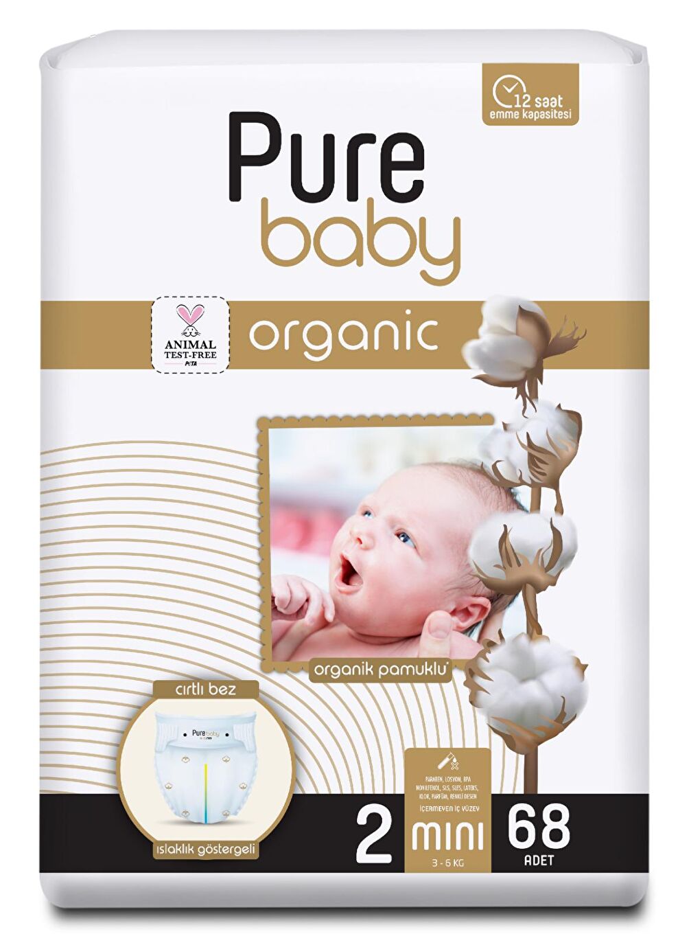 Pure Baby Organik Pamuklu Cırtlı Bez Tekli Paket 2 Numara Mini 68 Adet - 1