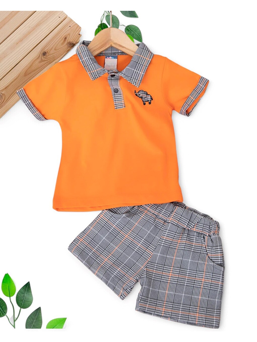 Turuncu Erkek Bebek Polo Yakalı Fil Nakışlı Ekose Şortlu Yazlık Takım