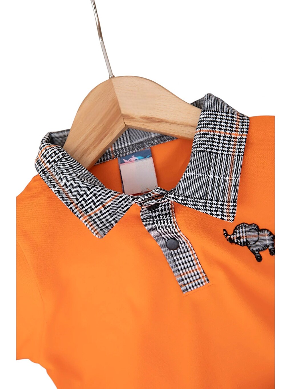 Turuncu Erkek Bebek Polo Yakalı Fil Nakışlı Ekose Şortlu Yazlık Takım-1