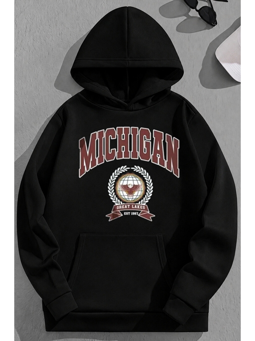 Unisex 3 İplik Pamuklu Siyah Michigan Baskı Bol Kalıp Sweatshirt Hoodie