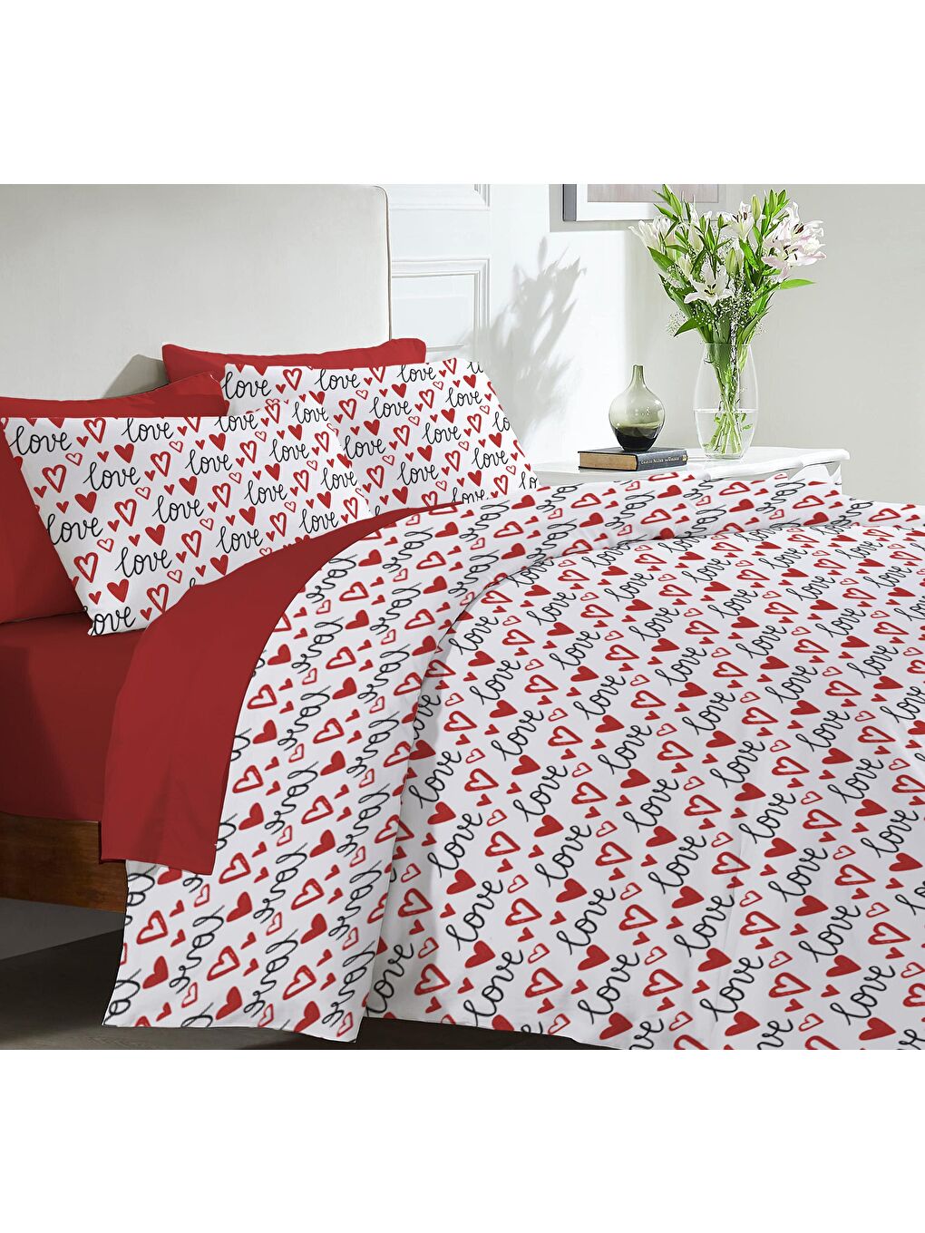 Kırmızı Kalp, sevgililer günü özel desen baskılı çift Kişilik 200x220 Cm ÇARŞAFSIZ Nevresim Takımı
