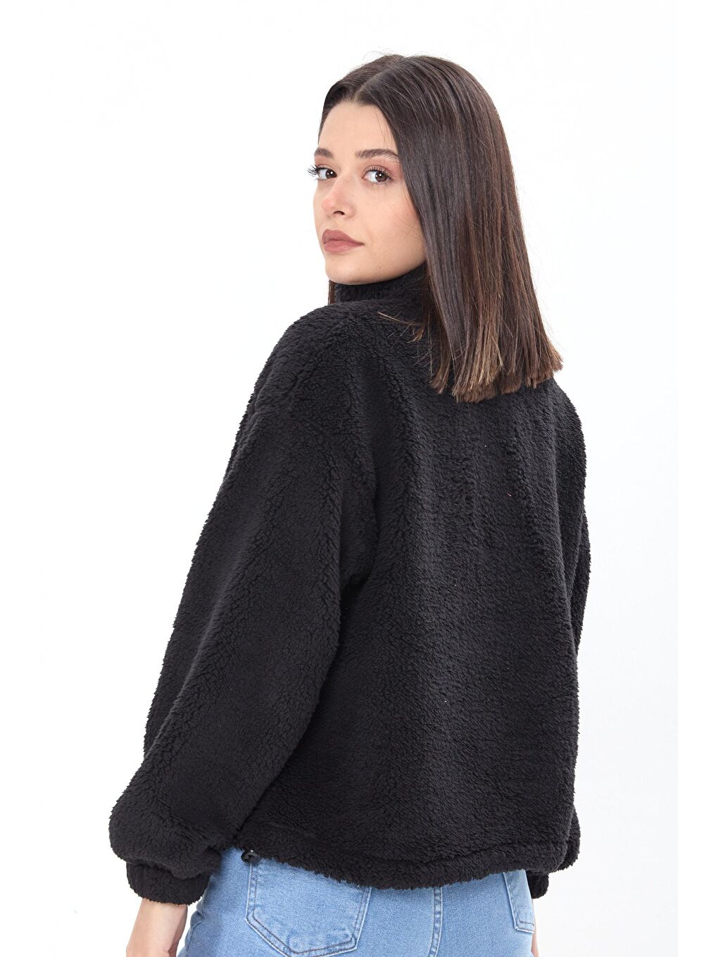 Siyah Dik Yaka Kadın Pelüş Sweatshirt - 24001-4