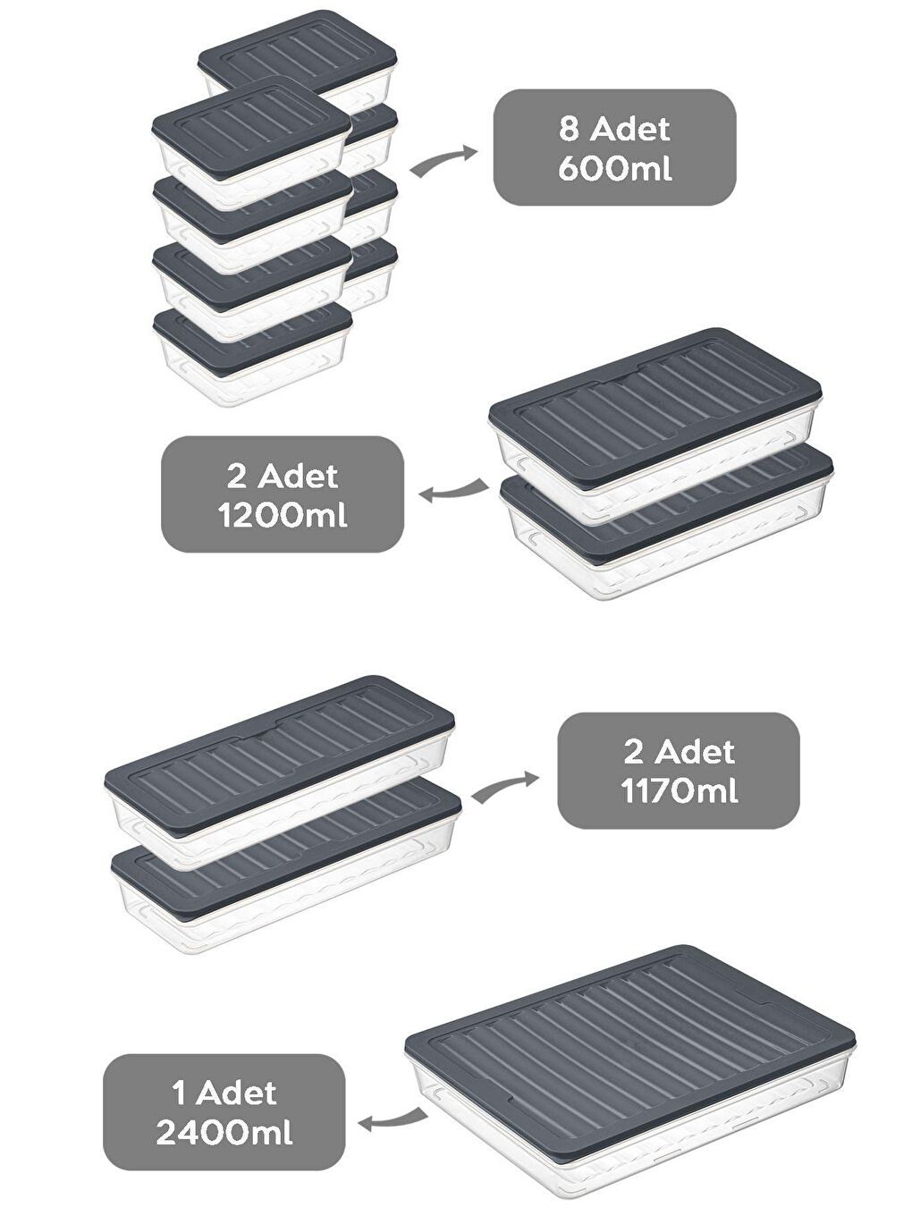 Meleni Home Antrasit 13'lü Buzdolabı Organizer Mikrodalga Ve Difrize Uygun Saklama Kabı 1x2400ml-2x1170-2x1200ml-8x600ml - 1