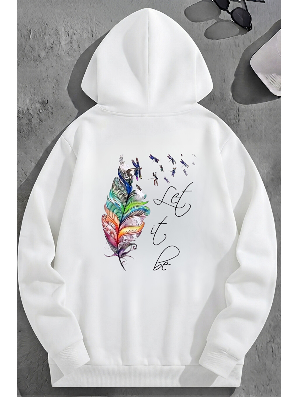 Unisex 3 İplik Pamuklu Beyaz Letıtbe Baskı Bol Kalıp Sweatshirt Hoodie