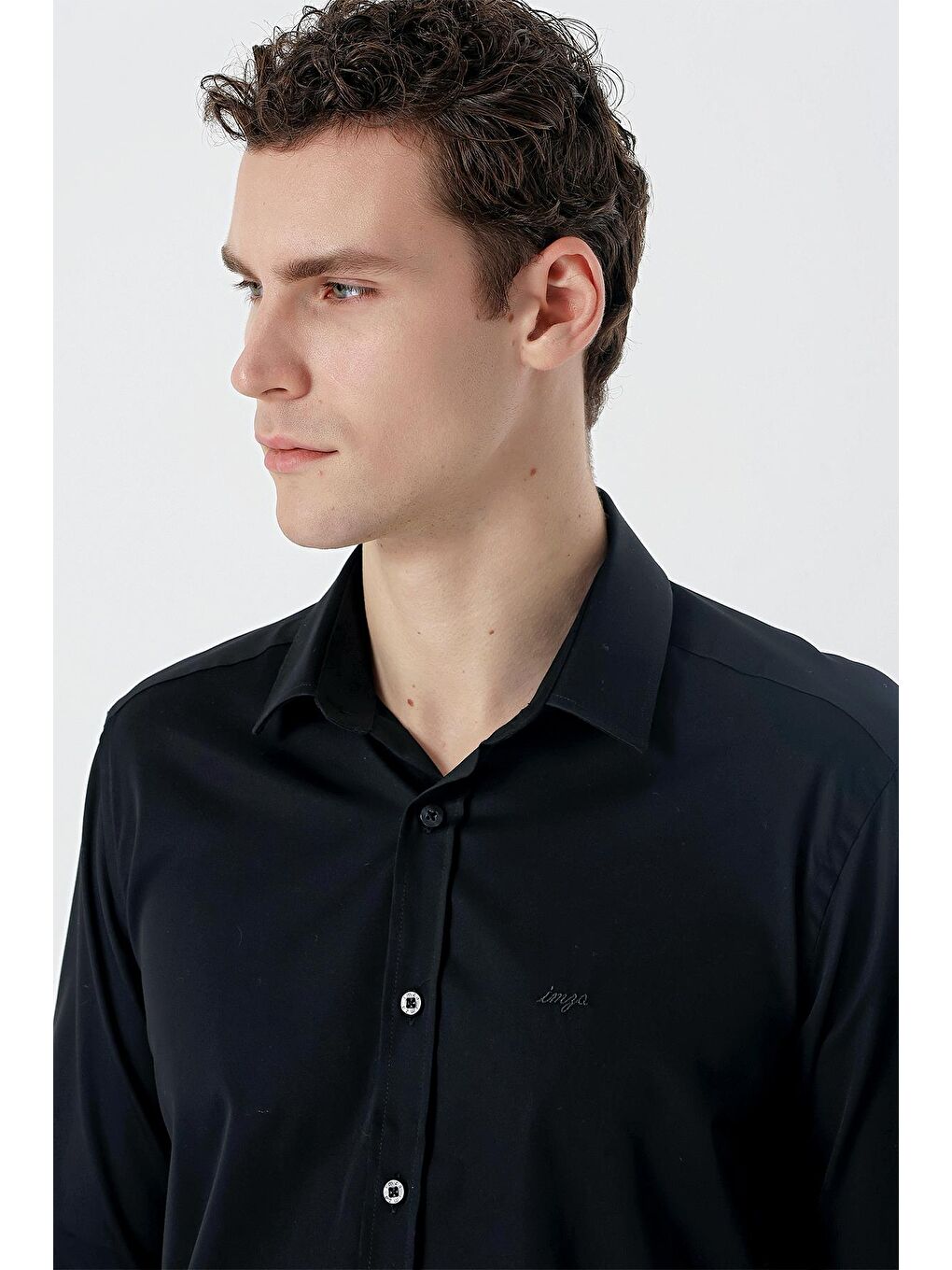 Siyah Uzun Kollu   Sert Yaka Cepsiz  %100 Pamuk Klasik Slim Fit Dar Kesim Gömlek 1004235424-4