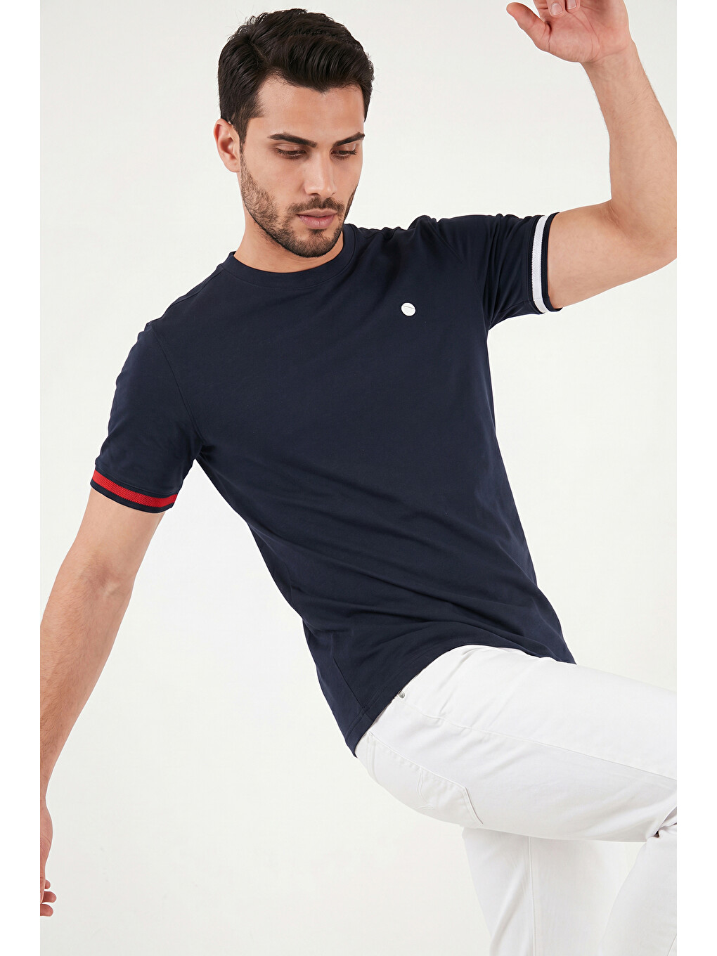 Lacivert Bisiklet Yaka Kolları Renkli Şerit Detaylı T Shirt 5904060-2