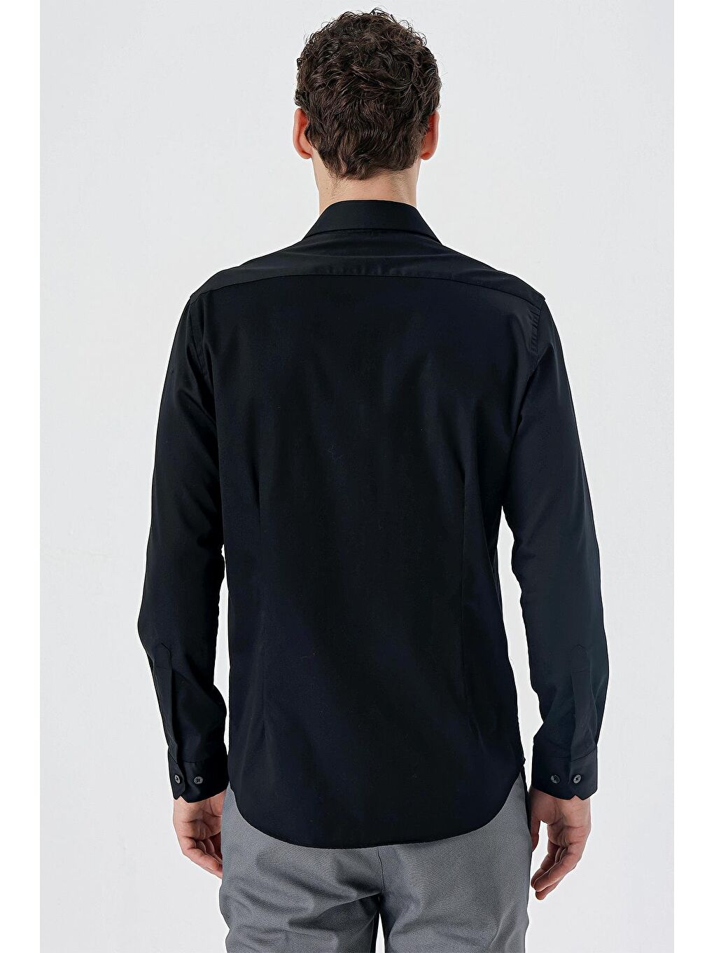 Siyah Uzun Kollu   Sert Yaka Cepsiz  %100 Pamuk Klasik Slim Fit Dar Kesim Gömlek 1004235424-5