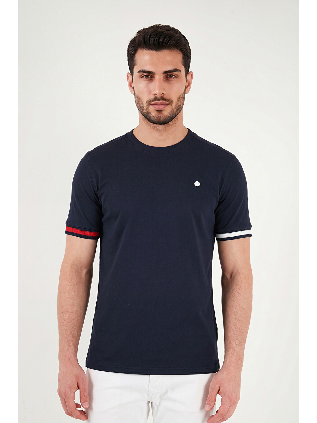 Lacivert Bisiklet Yaka Kolları Renkli Şerit Detaylı T Shirt 5904060-3