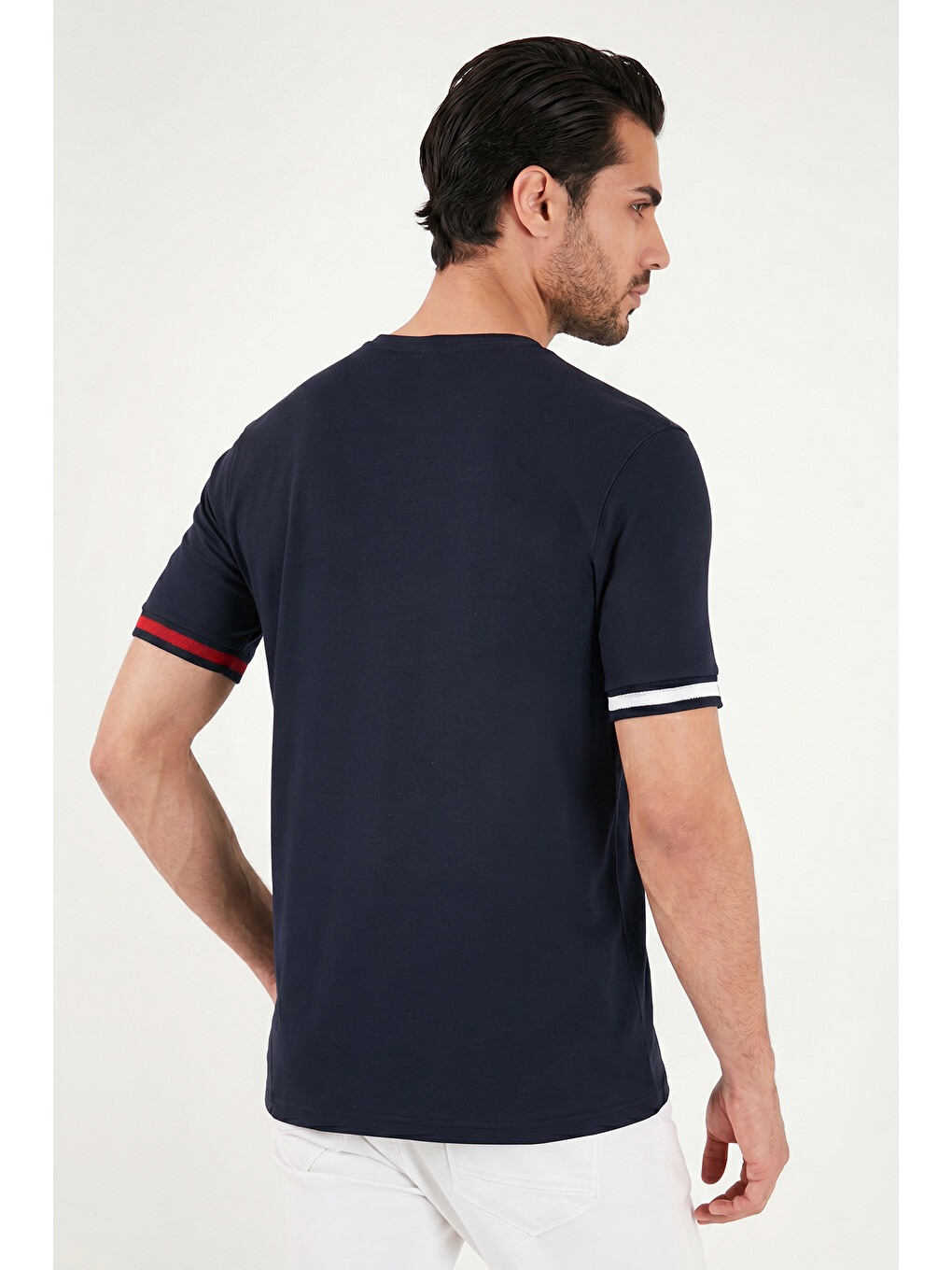 Lacivert Bisiklet Yaka Kolları Renkli Şerit Detaylı T Shirt 5904060-6