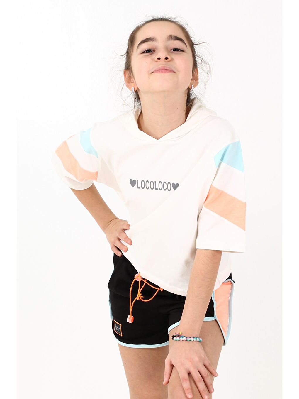 Beyaz Kız Çocuk İki Kalpli Şortlu Takım 10-15 Yaş 13857-1