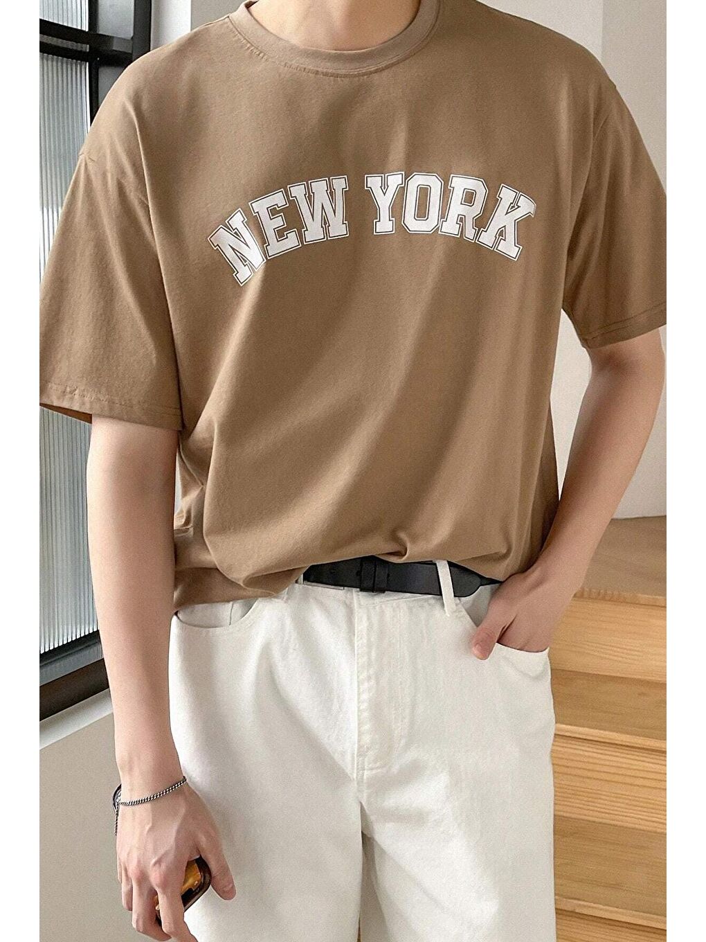 uyguntarz Bej Erkek New York Baskılı Oversize Tshirt