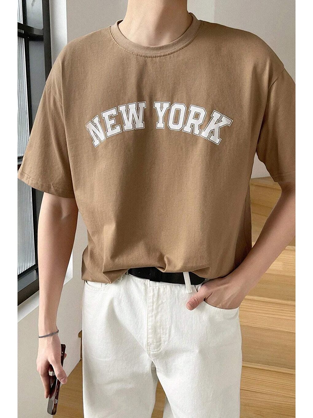 uyguntarz Bej Erkek New York Baskılı Oversize Tshirt - 1