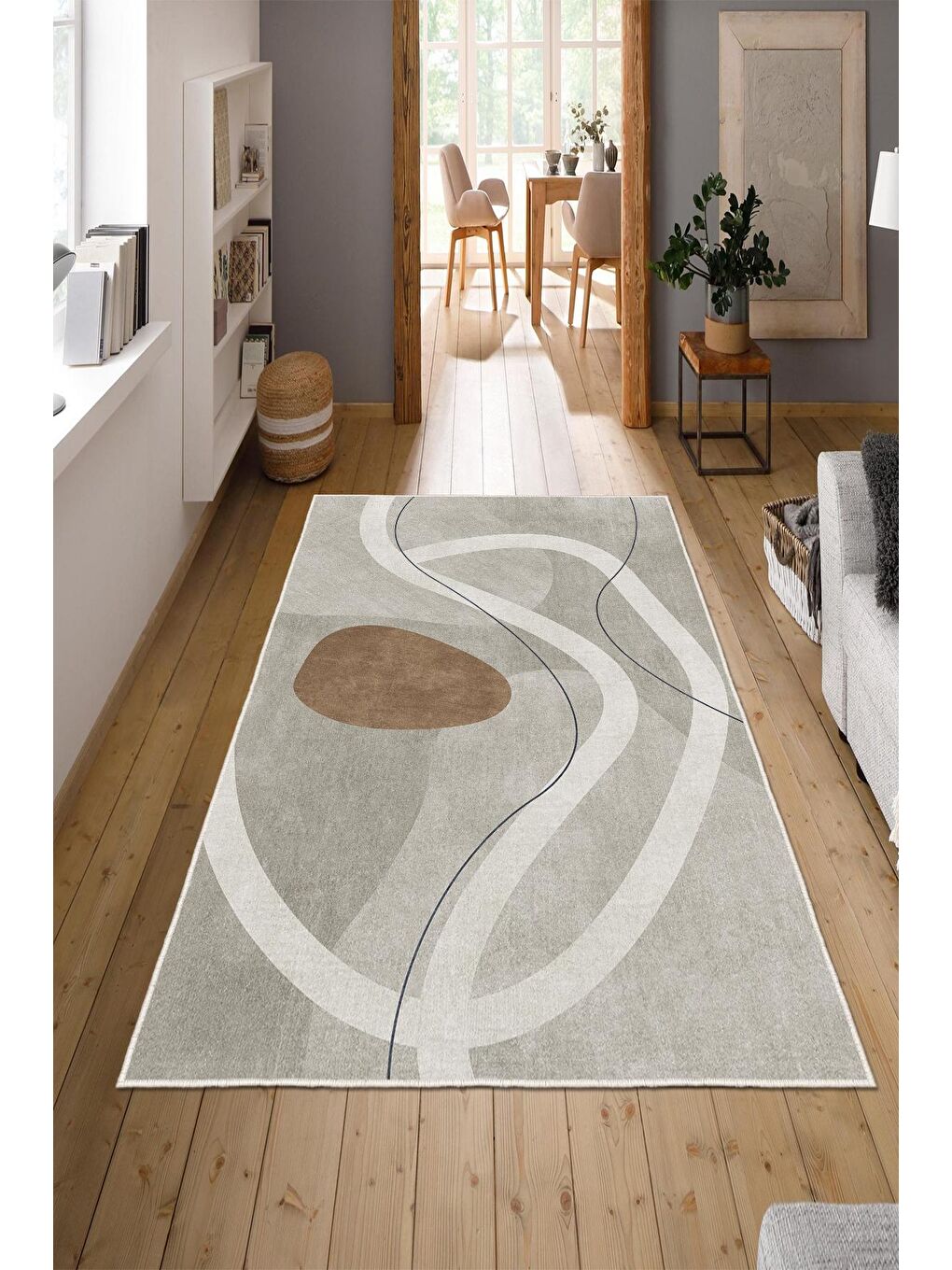 Bej Özel Tasarım, Kaymaz Taban, İnce, Yıkanabilir, Modern Halı WOOKECE1502 160x230-1