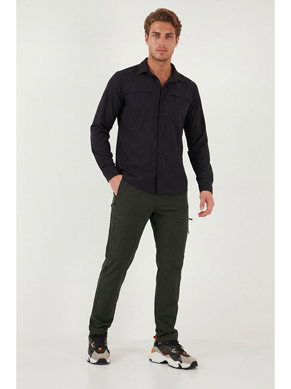 Haki Normal Kalıp Kargo Cepli Lastikli Bel Trekking ve Kurye Pantolon 693710-2