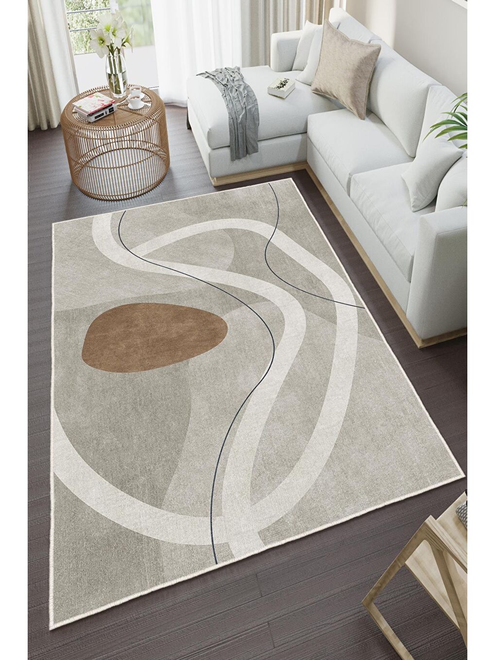 Bej Özel Tasarım, Kaymaz Taban, İnce, Yıkanabilir, Modern Halı WOOKECE1502 160x230-2