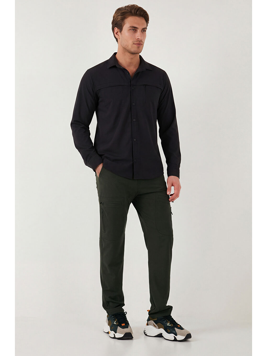 Haki Normal Kalıp Kargo Cepli Lastikli Bel Trekking ve Kurye Pantolon 693710-3