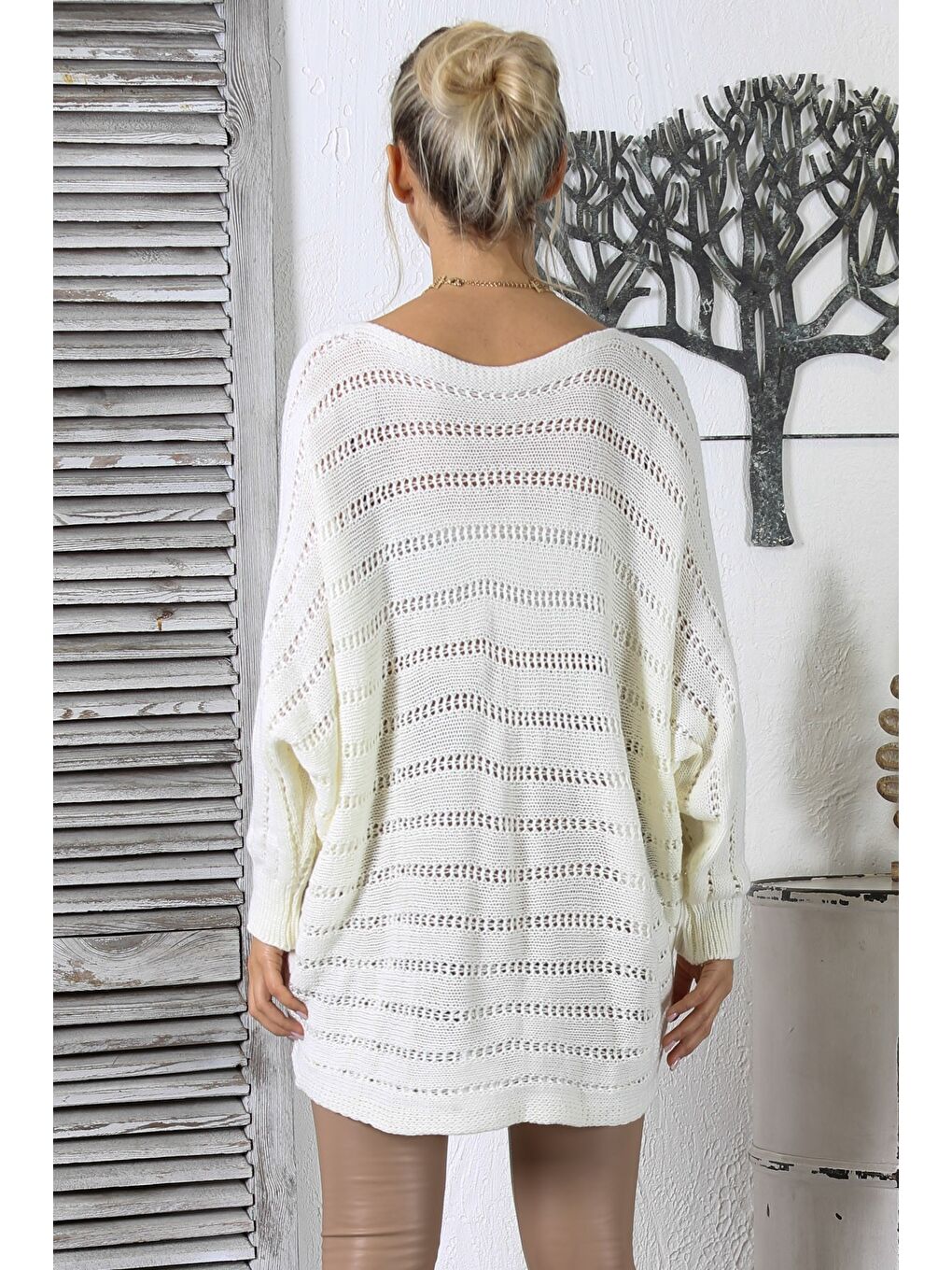Ekru İtalyan Krem Rengi Kayık Yaka Yarasa Kol Jakar Long Fit Triko Geniş Kesim Kazak-6