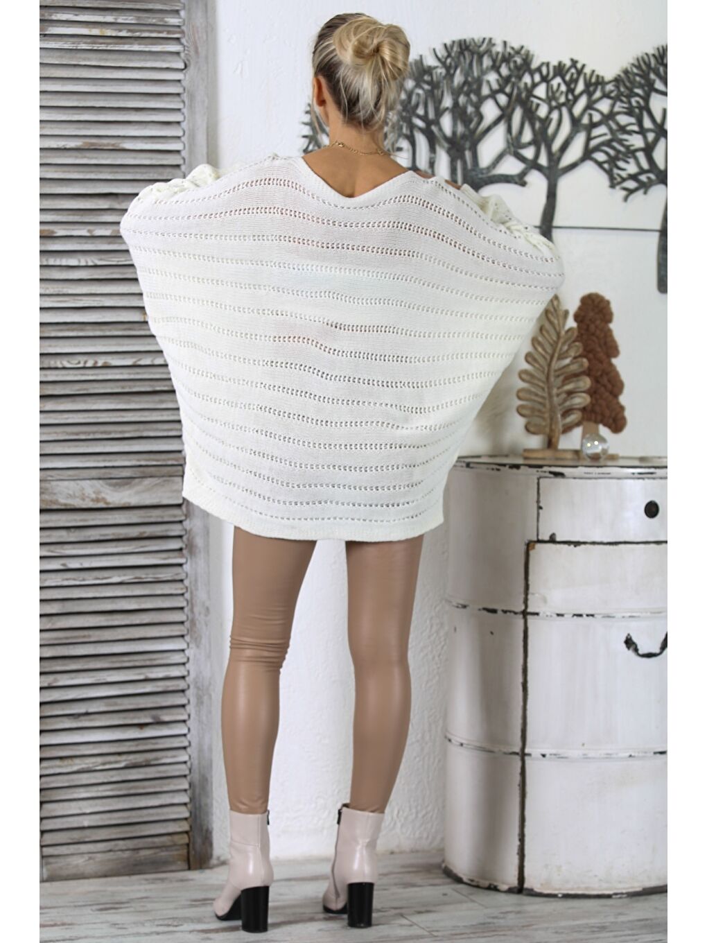 Ekru İtalyan Krem Rengi Kayık Yaka Yarasa Kol Jakar Long Fit Triko Geniş Kesim Kazak-7