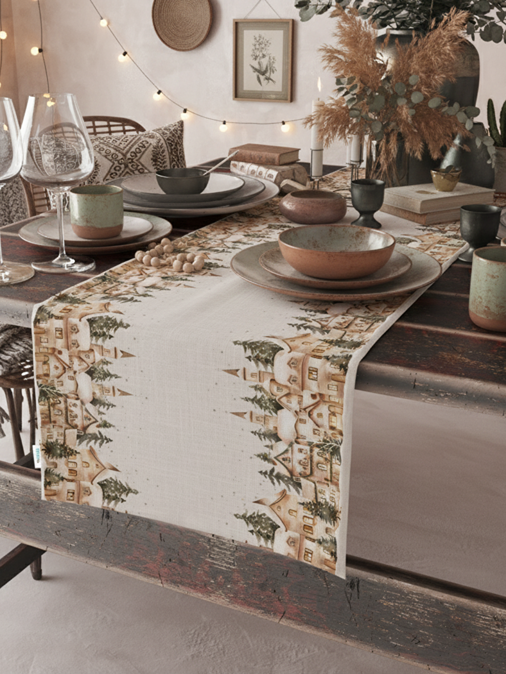 Ekru Boho Suluboya Ev Desenli-Kış Temalı Dijital Baskılı Runner 40x140 cm - Kadife