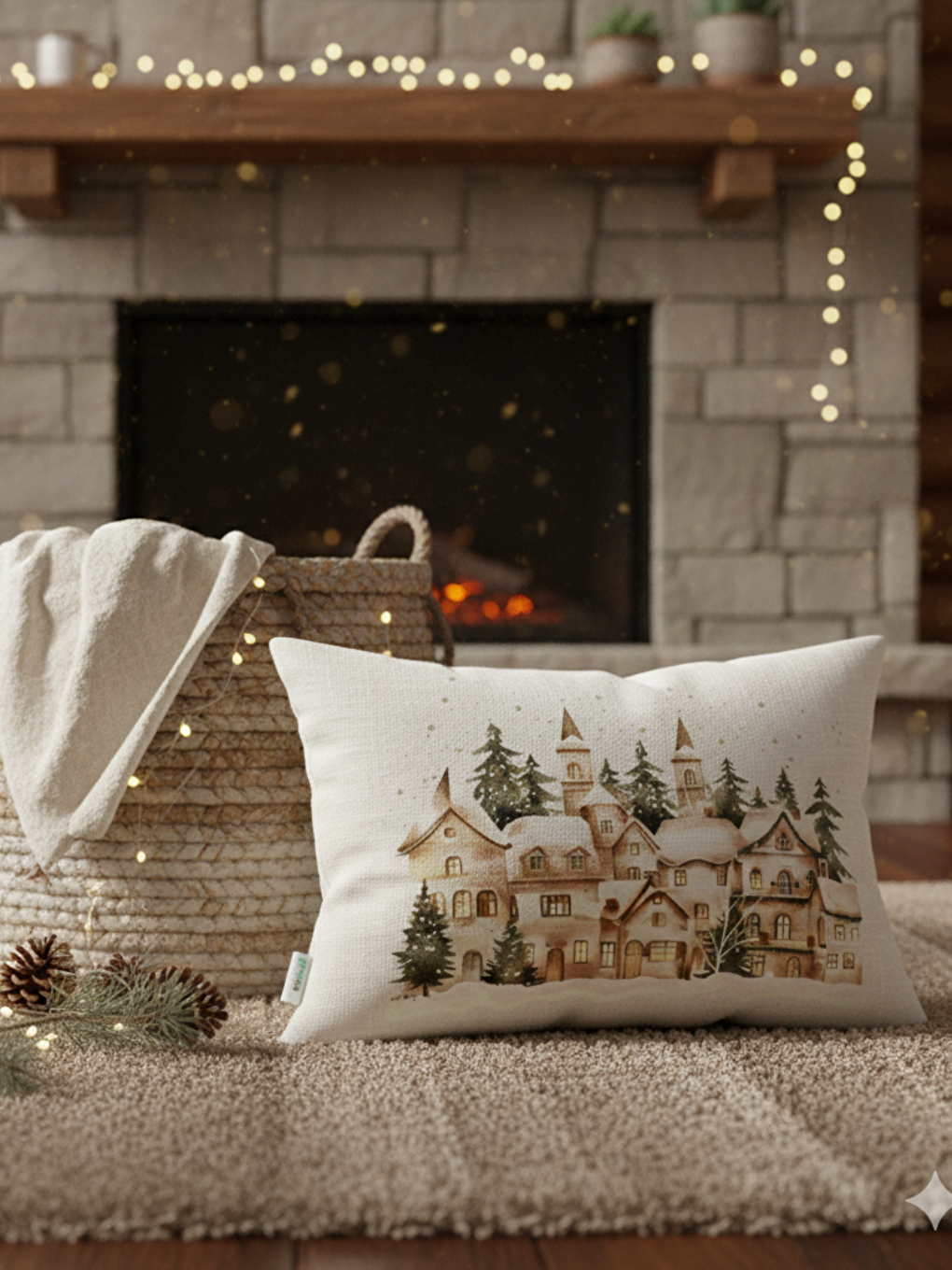 Bej Modern Bohem Tasarım,Kış Temalı Sulu Boya Desenli 35x55 Dekoratif Kırlent Kılıfı-1