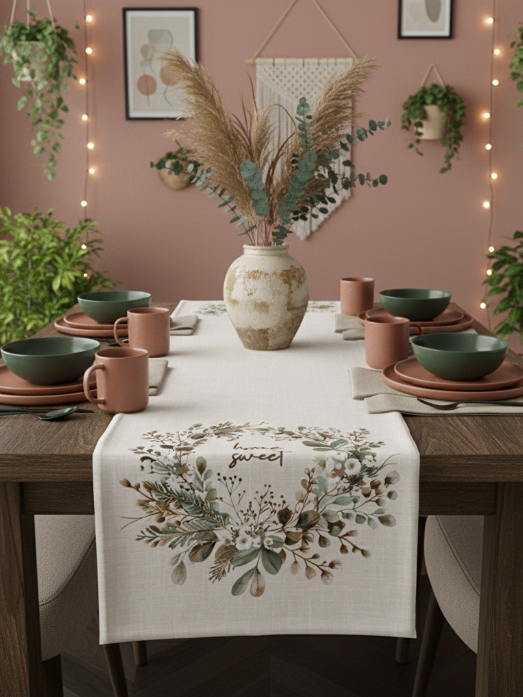 Ekru Bohem Tarzı Çelenk Desenli Lüks Kadife Runner - 40x140 cm