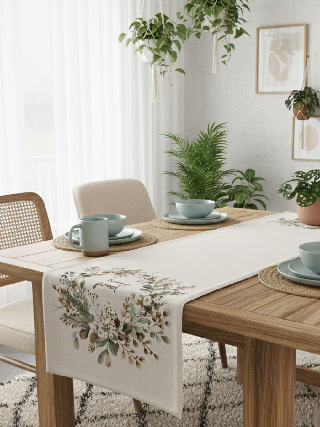 Ekru Bohem Tarzı Çelenk Desenli Lüks Kadife Runner - 40x140 cm-1