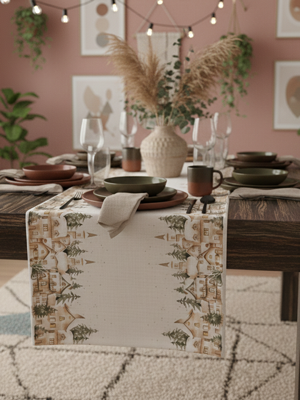 Ekru Boho Suluboya Ev Desenli-Kış Temalı Dijital Baskılı Runner 40x140 cm - Kadife-2