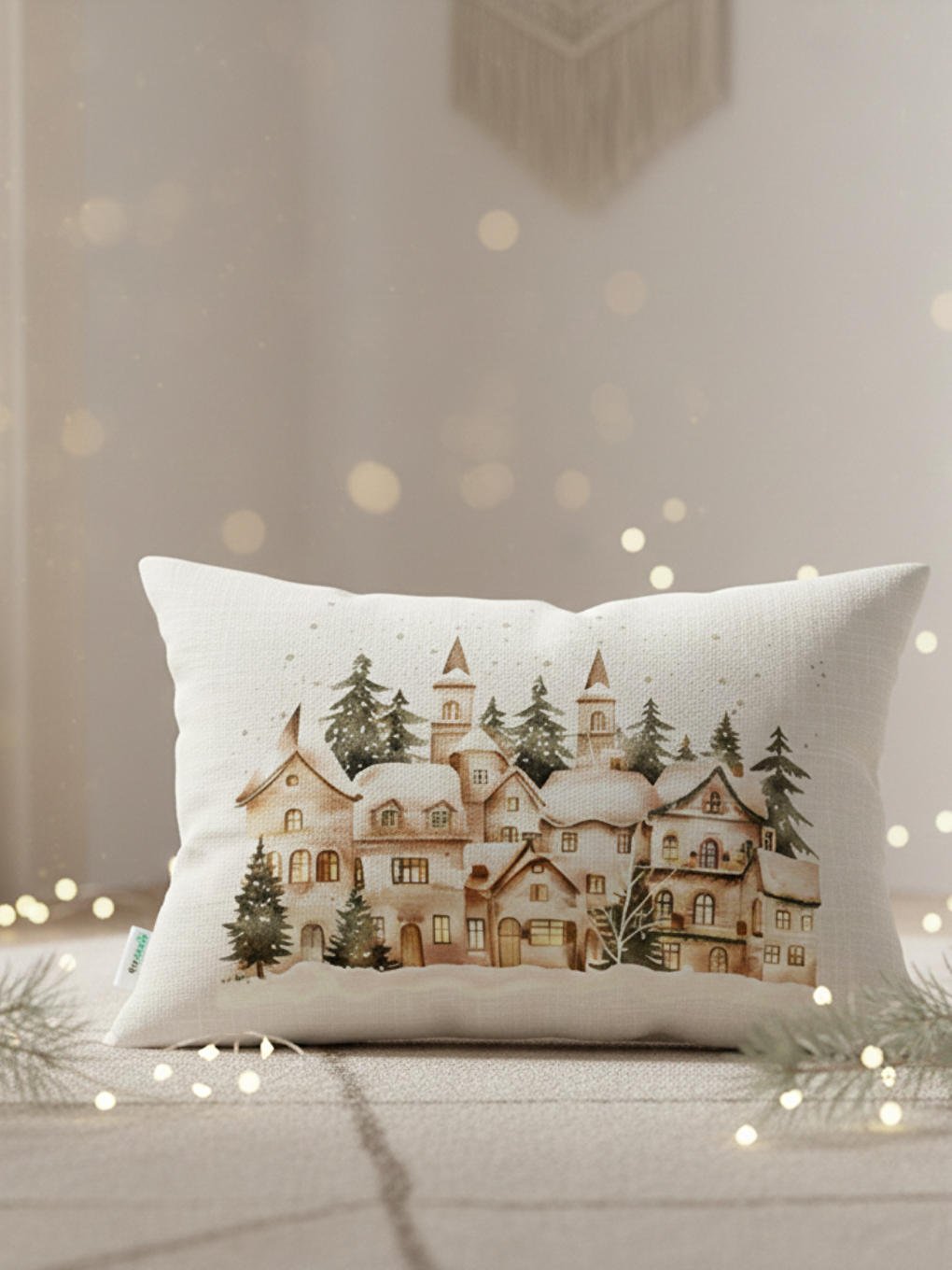 Bej Modern Bohem Tasarım,Kış Temalı Sulu Boya Desenli 35x55 Dekoratif Kırlent Kılıfı-2