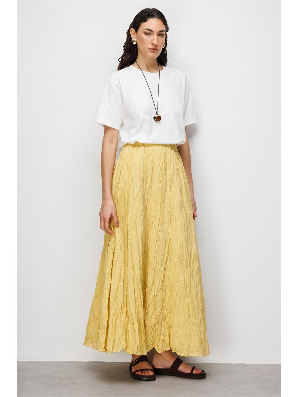 Kırışık Görünümlü Saf Pamuk Sarı Maksi Etek